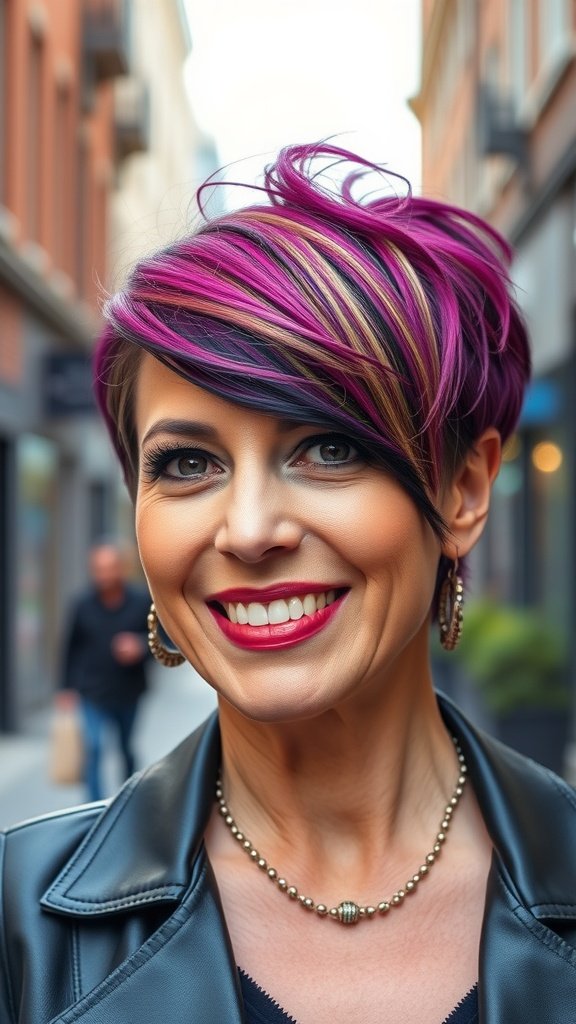 A woman with an asymmetrical haircut featuring peekaboo colors, smiling confidently in a stylish outfit.