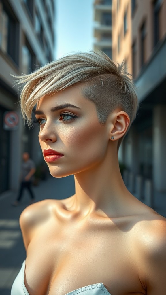 A woman with an asymmetrical razored pixie cut, showcasing a stylish and edgy hairstyle.