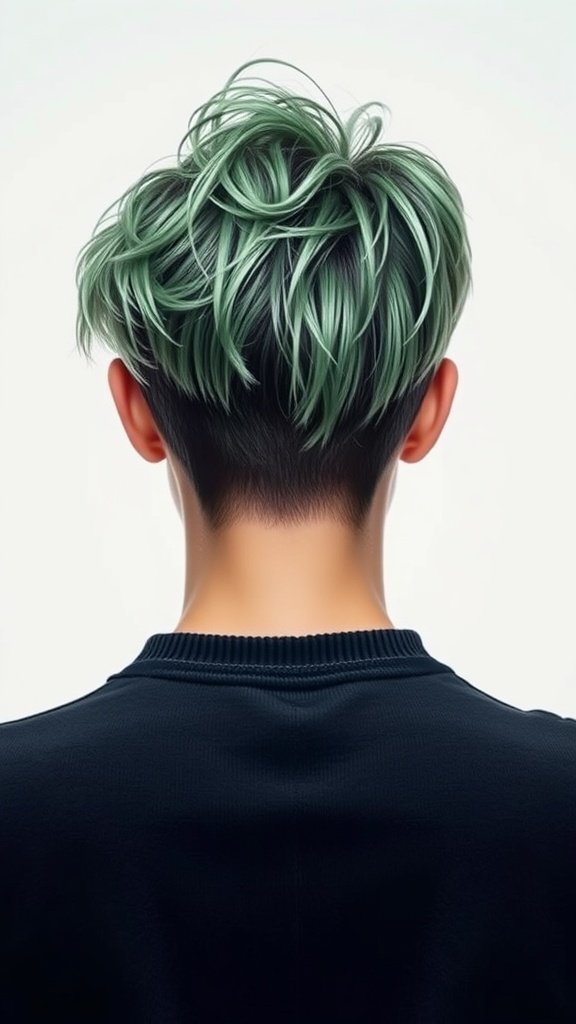 Bixie haircut with subtle green highlights, styled in a messy, tousled way.
