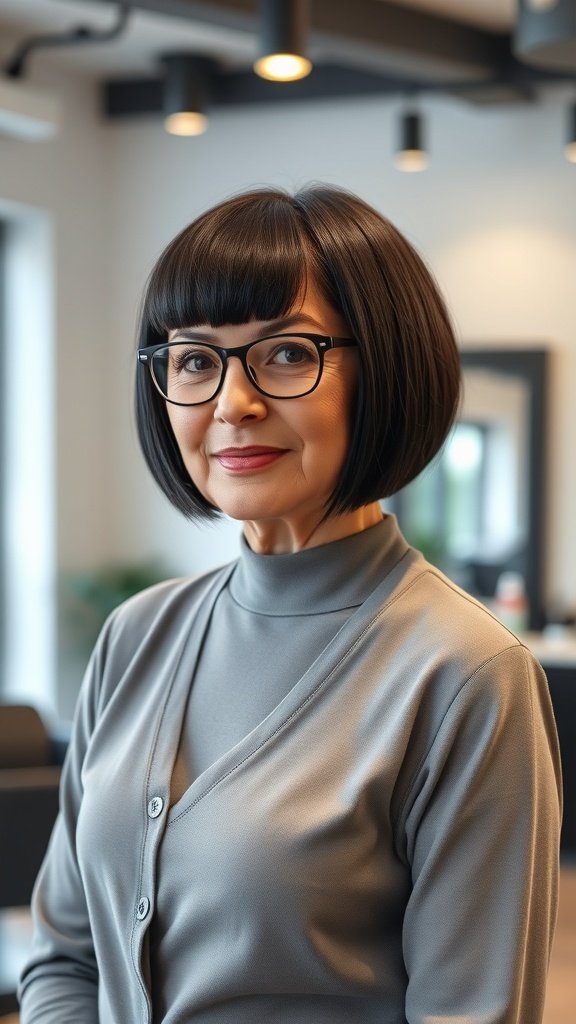 A woman over 50 with a black sleek bob hairstyle and glasses, showcasing a modern and stylish look.