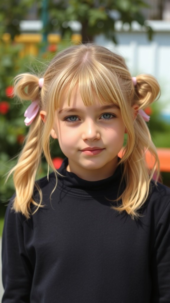 A young girl with blonde highlights styled in playful pigtails, wearing a black top.