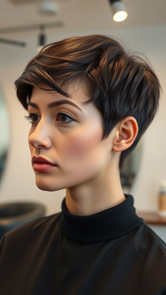 A woman with a blunt pixie haircut featuring a structured top, showcasing thick hair texture.