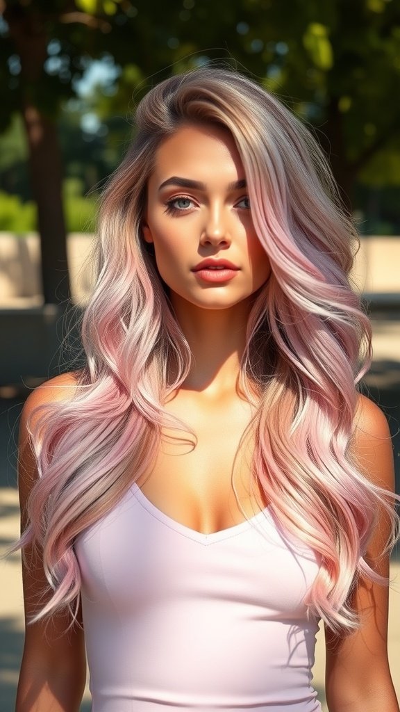 A woman with long, wavy blonde hair featuring soft pink hues, wearing a light pink top, standing outdoors.