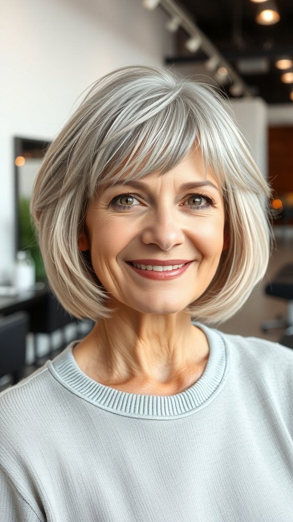 A woman over 50 with a stylish bob haircut featuring feathered bangs and textured ends, smiling in a modern salon.