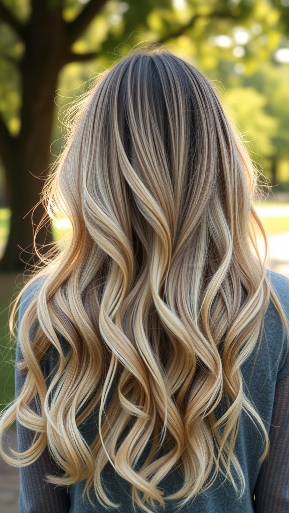 A woman with long, wavy hair featuring a boho blonde balayage style.