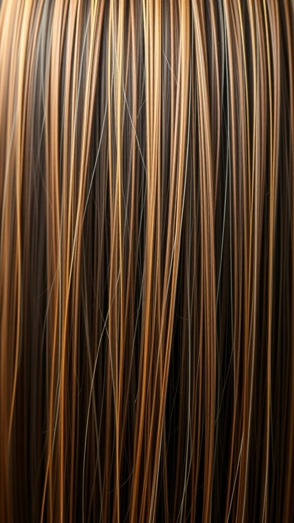 Close-up of straight walnut-brown hair with caramel highlights.