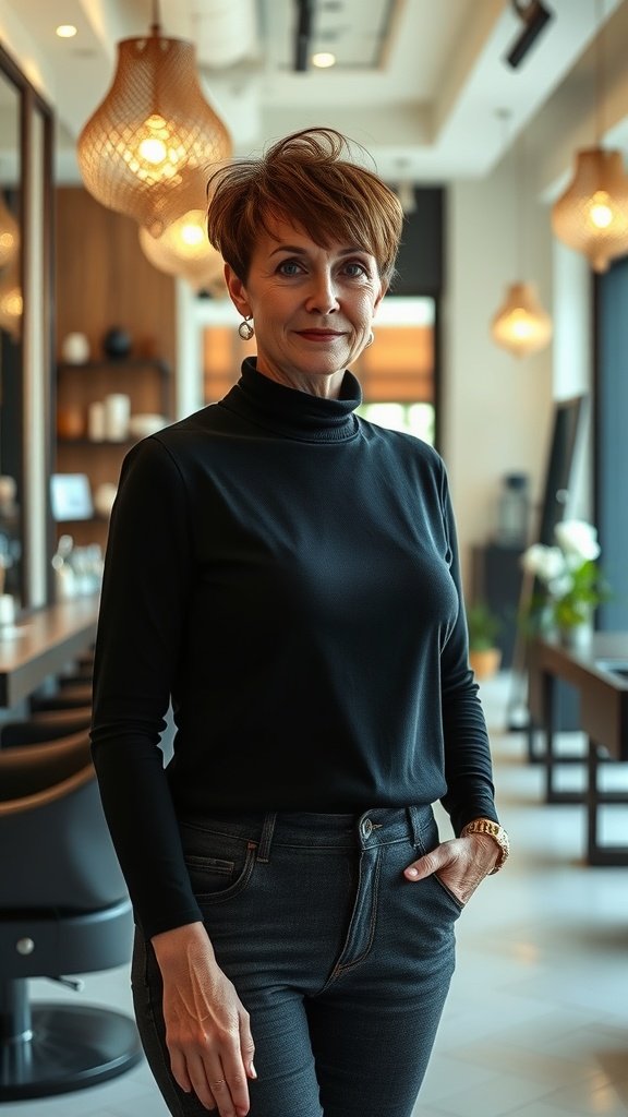 A woman with a chic undercut and sweeping bangs, wearing a black top and standing confidently in a modern salon.