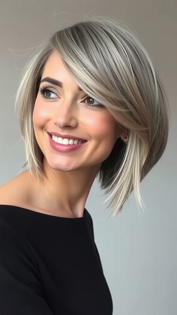 Chin-length bob hairstyle with delicate layers and light gray tones, showcasing a smiling woman.