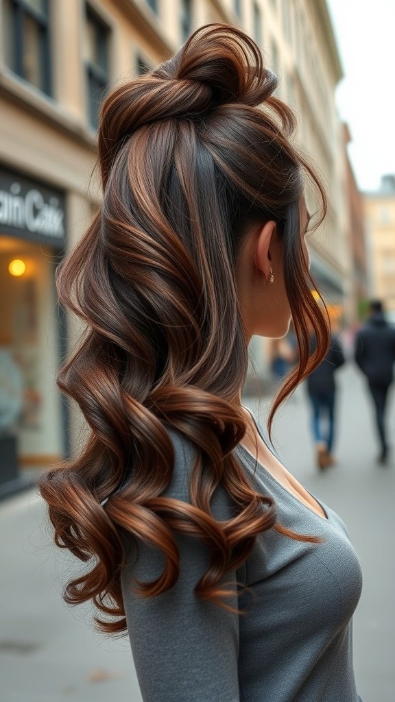A woman with a voluminous high ponytail styled in chocolate brown hair, showcasing beautiful waves and a chic look.