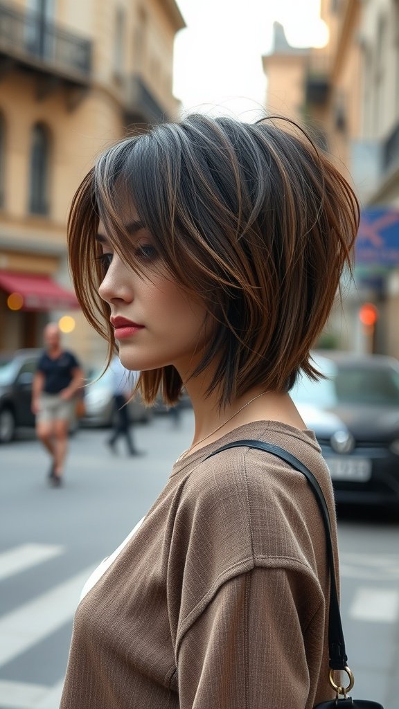 A woman with a choppy bob hairstyle featuring disconnected layers and a wispy texture, standing on a city street.