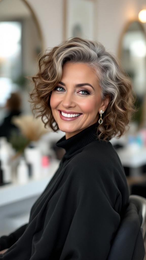 A woman with a curly A-line haircut and a deep side part, smiling in a salon setting.