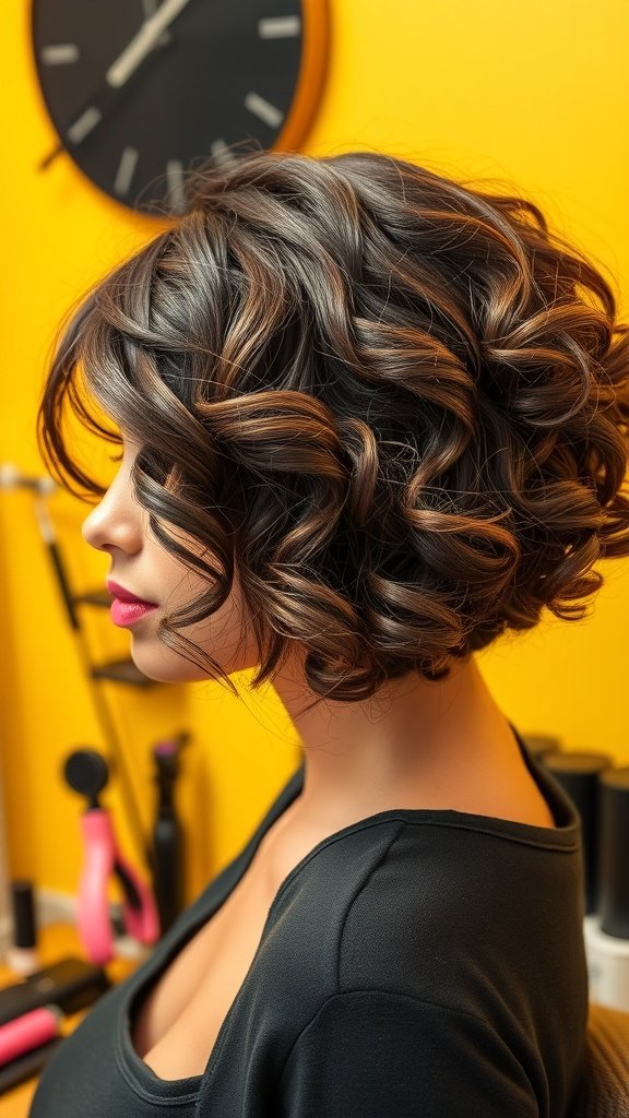 A woman with a curly bob hairstyle, showcasing defined curls and highlights, set against a bright yellow background.