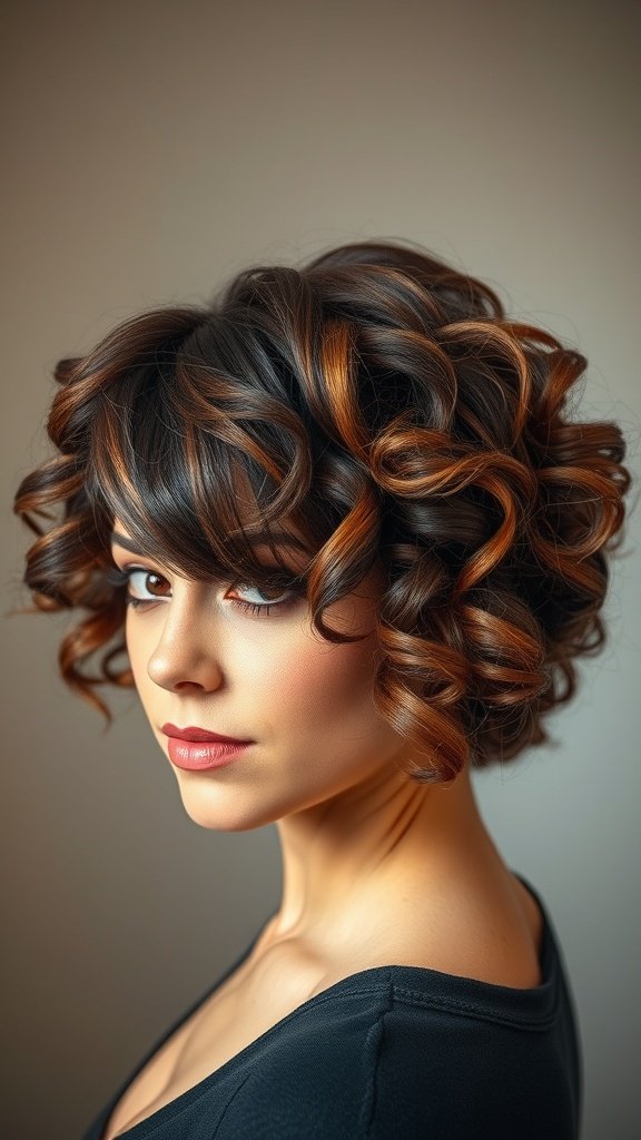 A woman with a curly bob hairstyle featuring choppy layers, showcasing defined curls and a rich color blend.