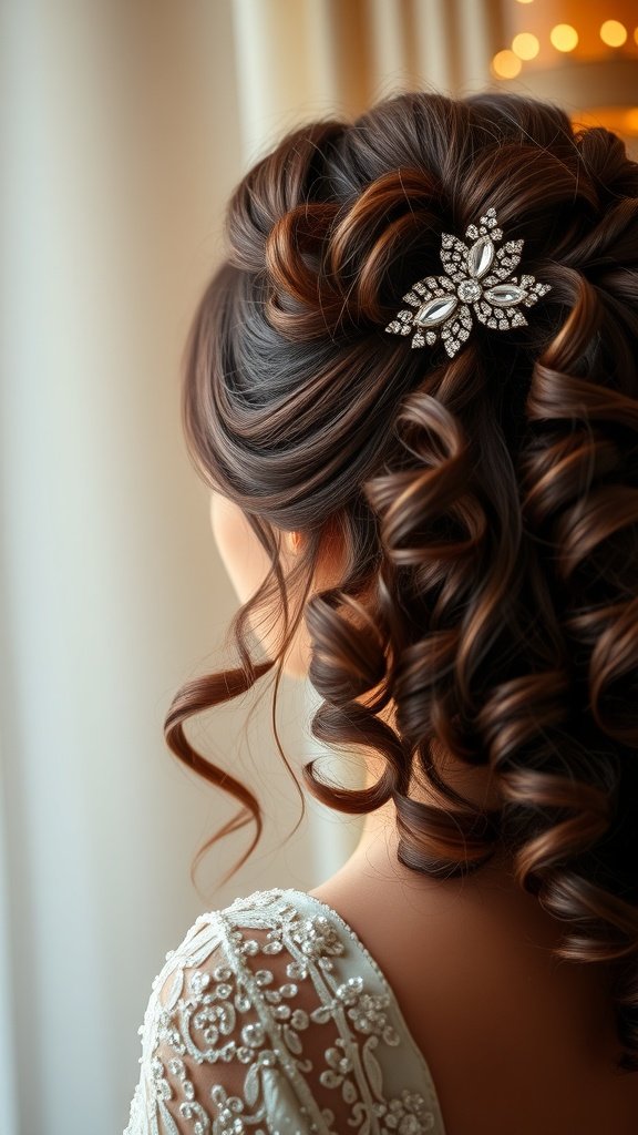 A woman with curly hair styled elegantly with a shimmery pin.
