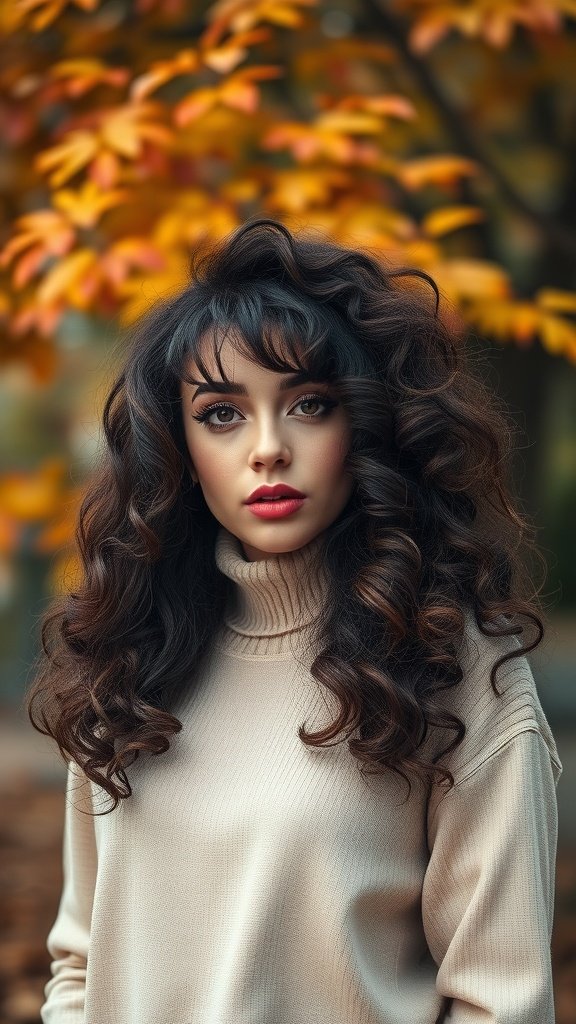 A woman with thick curly hair and curtain bangs, wearing a cozy sweater, surrounded by autumn leaves.