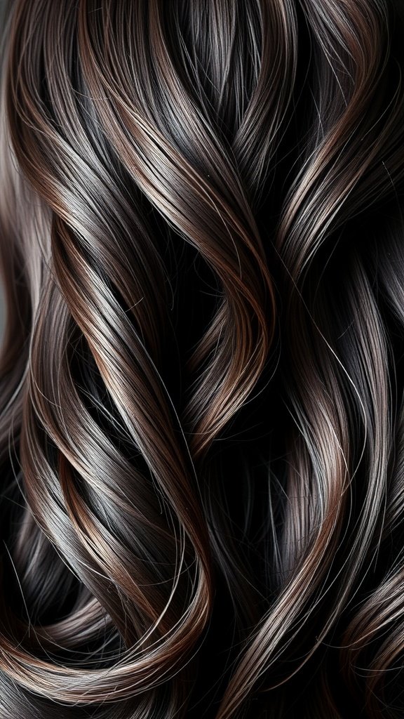 Dark brown hair with subtle purple highlights, showcasing beautiful waves and color contrast.