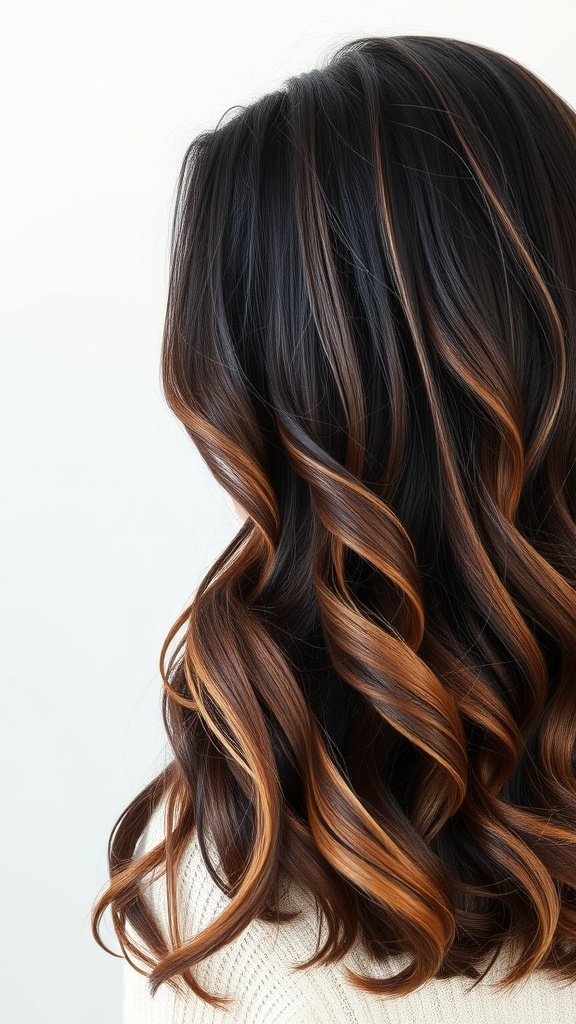 Dark chocolate hair with caramel highlights styled in soft curls