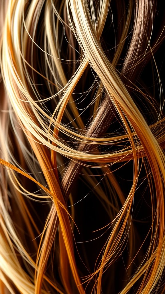 Close-up of dark cocoa hair with blonde highlights intertwined.