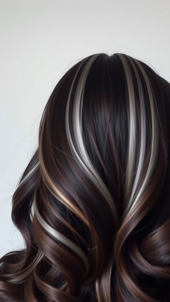 Dark mocha hair with silver stripes, showcasing a blend of rich brown and striking silver highlights.