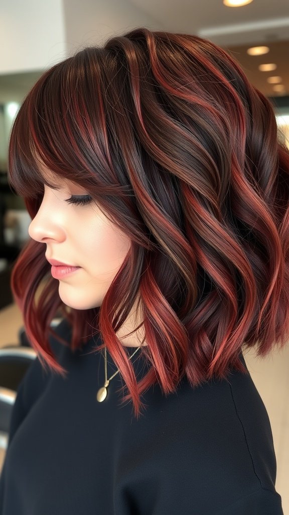 A woman with a deep cherry wavy bob haircut and a middle part, showcasing vibrant hair color and soft waves.
