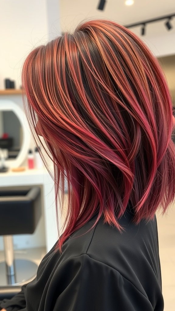 A woman with a deep side-parted shag haircut featuring sculpted layers and vibrant colors.