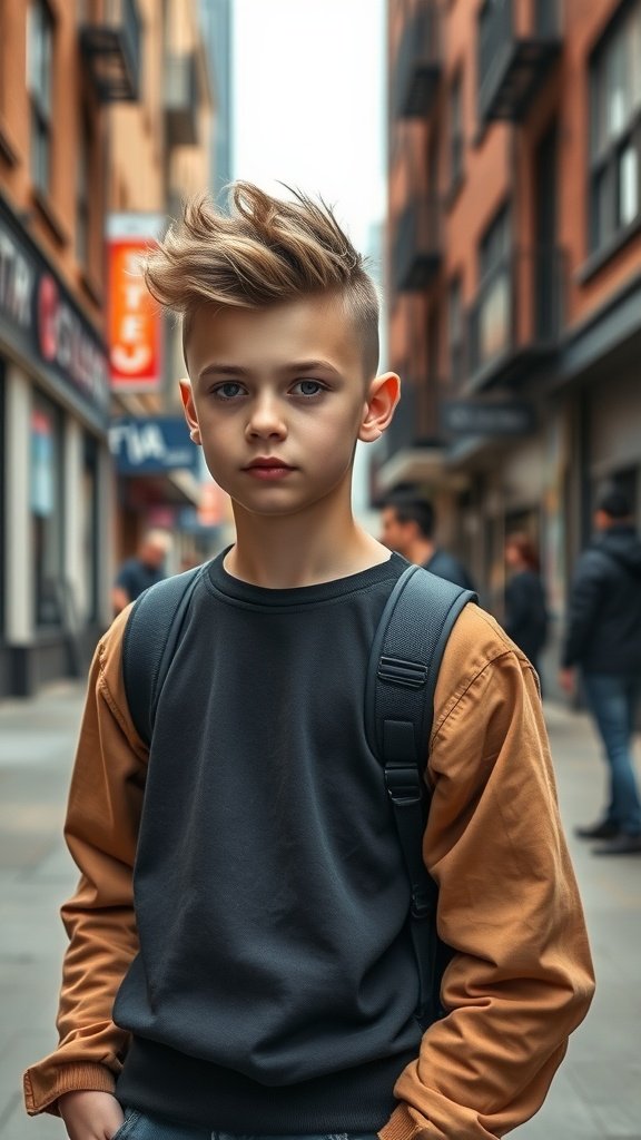A teenage boy with a double fade haircut and curly top, standing in an urban setting.