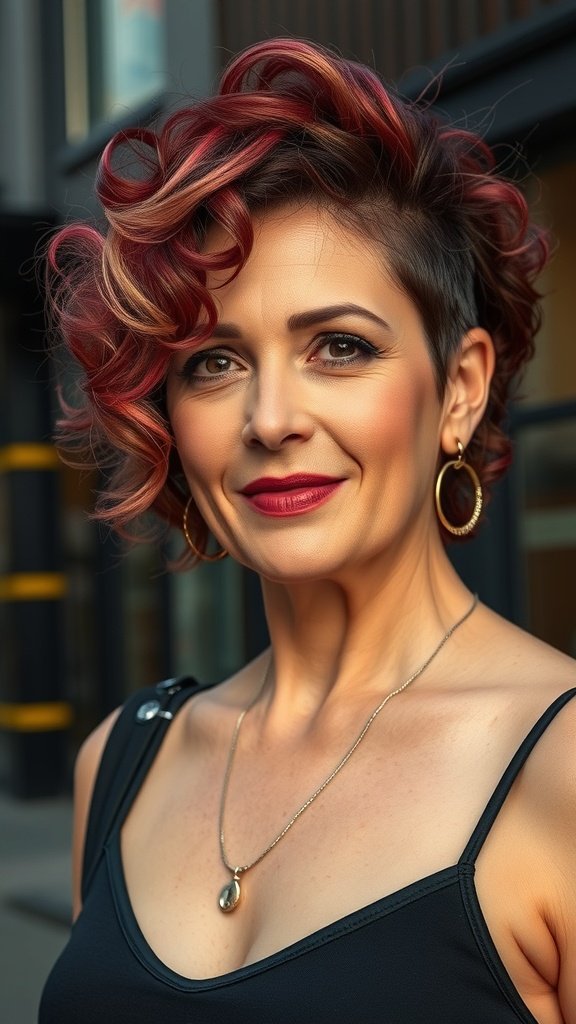 A woman with an edgy curly undercut bob hairstyle, showcasing vibrant curls and an undercut, exuding confidence.