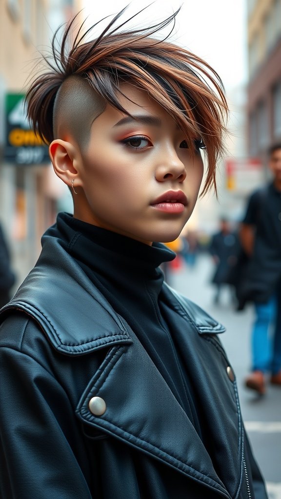 A person with an edgy shaved-side hairstyle featuring long wispy bangs, wearing a black leather jacket.