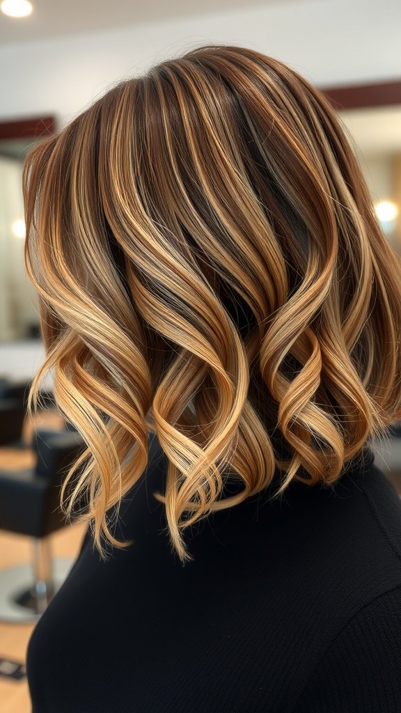 A stylish bob hairstyle with soft end curls, featuring warm brown and golden highlights.