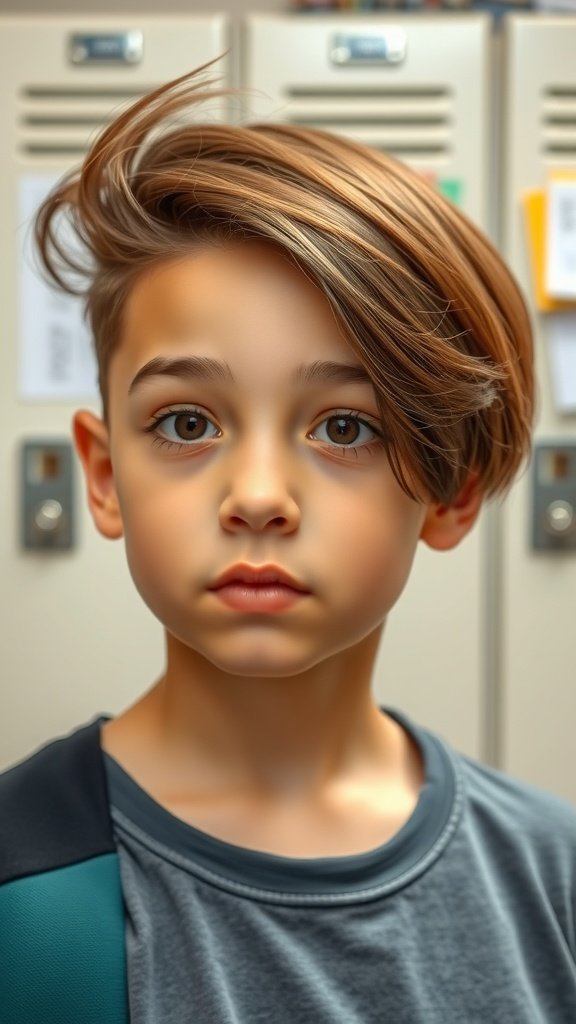 A boy with a French Crop haircut, featuring a fringe, standing in front of school lockers.