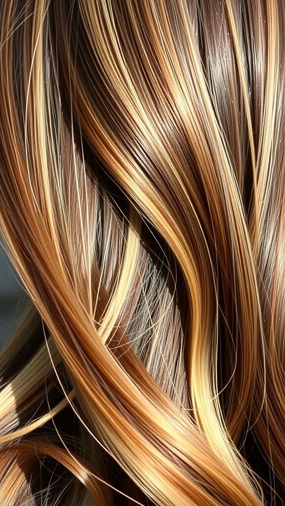Close-up of glossy brown hair with honey blonde balayage highlights, styled in soft waves.