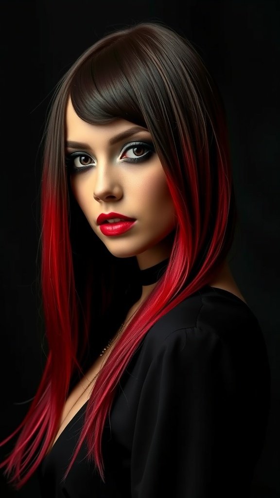 A woman with long hair styled in a gothic black to blood red ombre, wearing a black outfit and bold makeup.