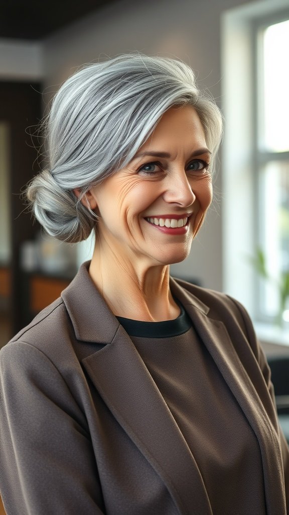 A woman with gray hair styled in a low bun, smiling confidently.
