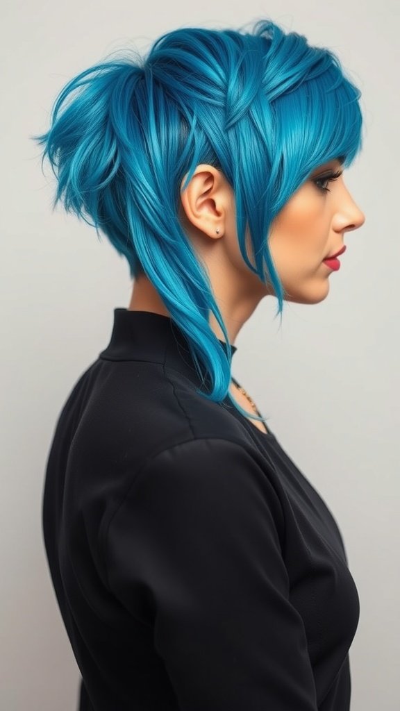 A woman with indigo and sky blue money piece hairstyle, showcasing vibrant colors.