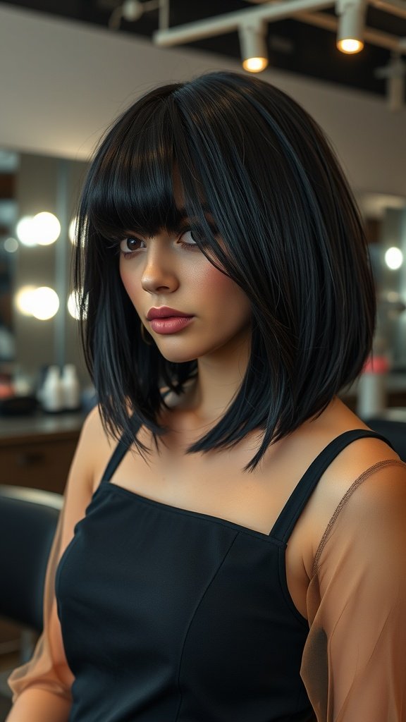 A woman with an inky black lob haircut and layered bangs, looking stylish in a salon setting.
