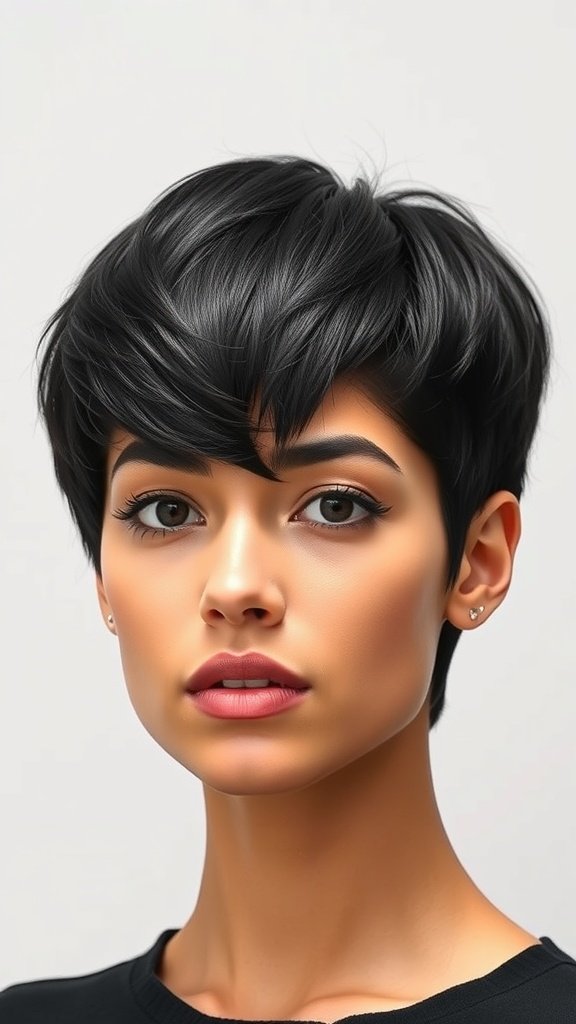 A woman with a jet-black side-swept pixie haircut, showcasing a stylish and modern look.