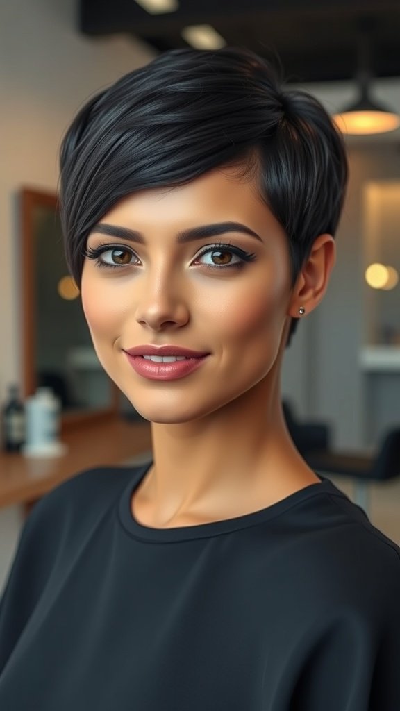 A woman with a jet-black side-swept pixie haircut, showcasing a modern and stylish look.
