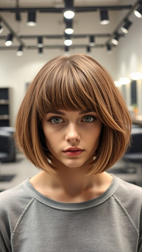 A woman with a layered bob hairstyle and curtain bangs, looking stylish.