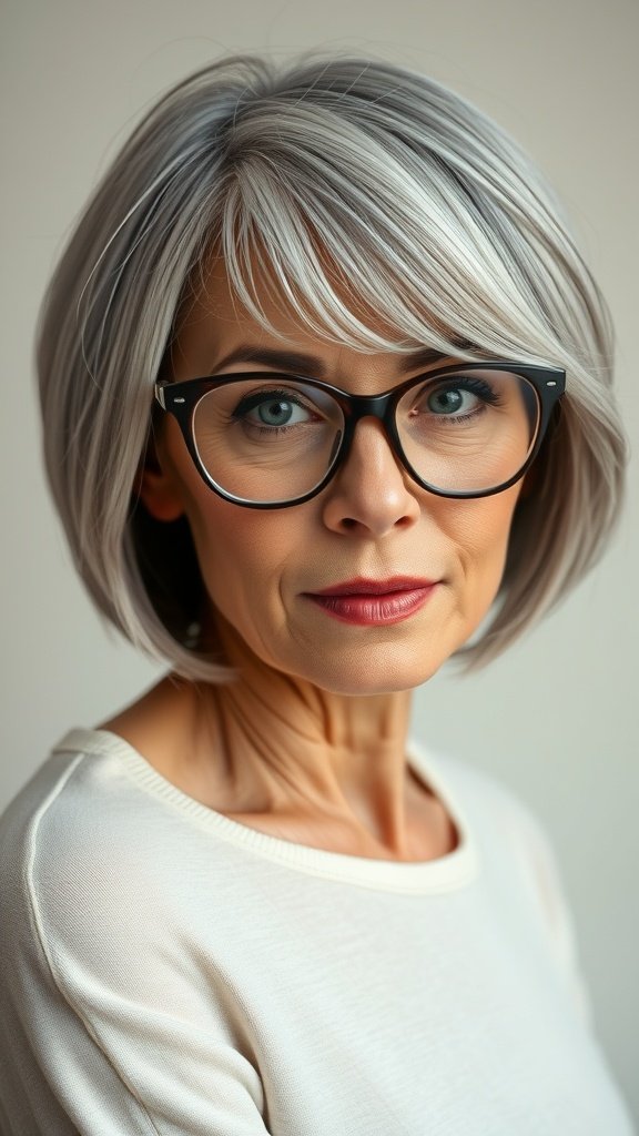 A woman over 50 with a layered bob hairstyle featuring silver streaks, wearing glasses.