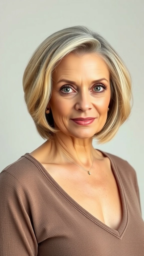 A woman with a lightly teased bob hairstyle, showcasing volume and elegance.