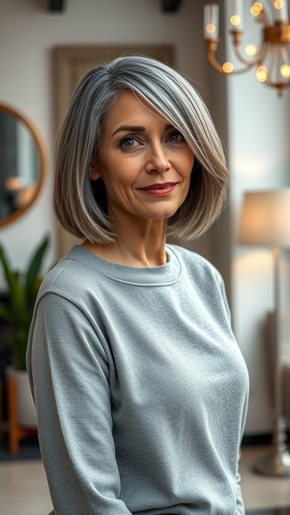 A woman with a stylish lob haircut in a dimensional gray color, showcasing confidence and elegance.