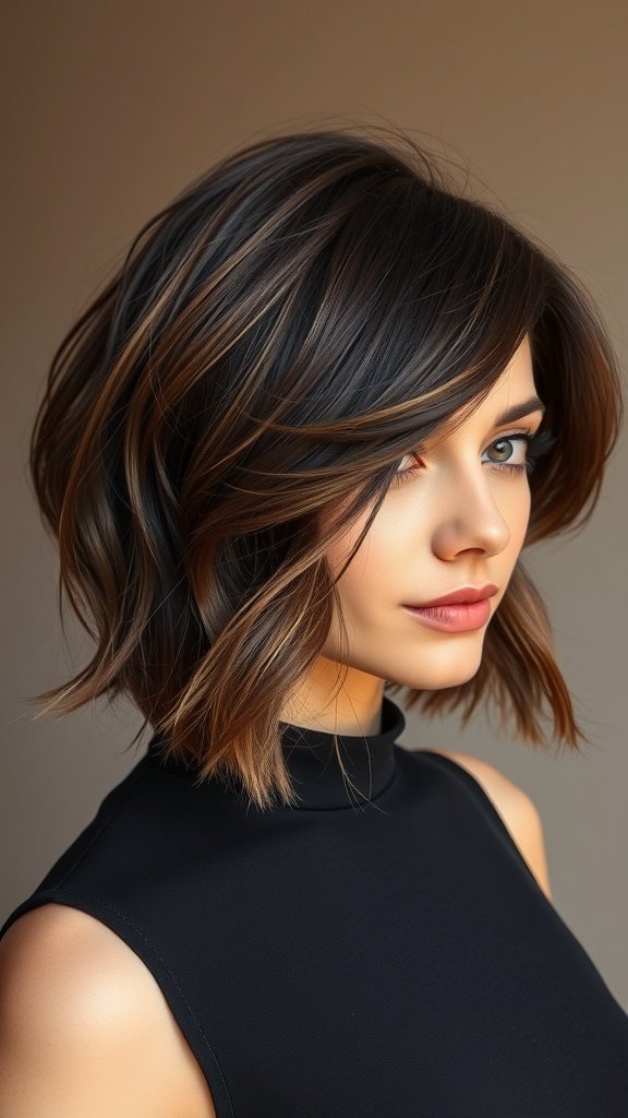 A woman with a stylish lob haircut featuring shadow root color, showcasing soft waves and a modern look.