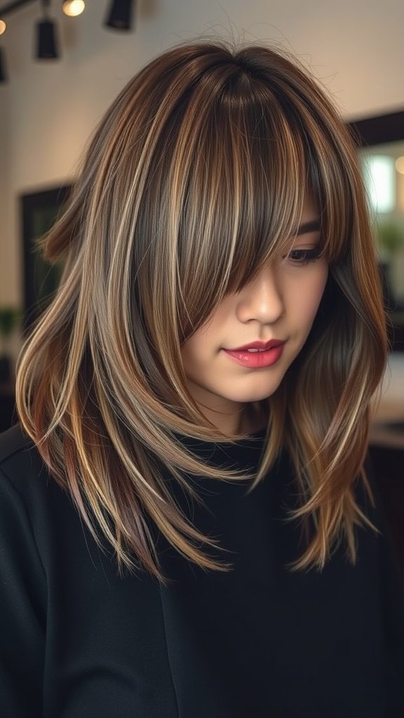 A woman with a long bob hairstyle featuring feathered ends and curtain bangs, showcasing a stylish and modern look.