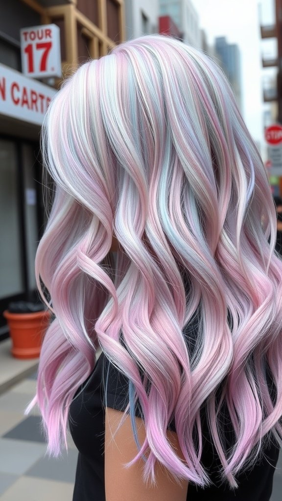 Long shag haircut featuring pastel pink and blue highlights