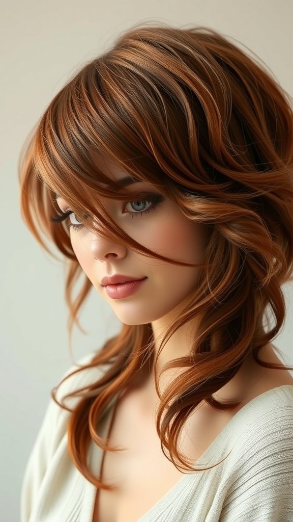 A woman with medium auburn hair styled in soft waves, featuring cinnamon highlights.