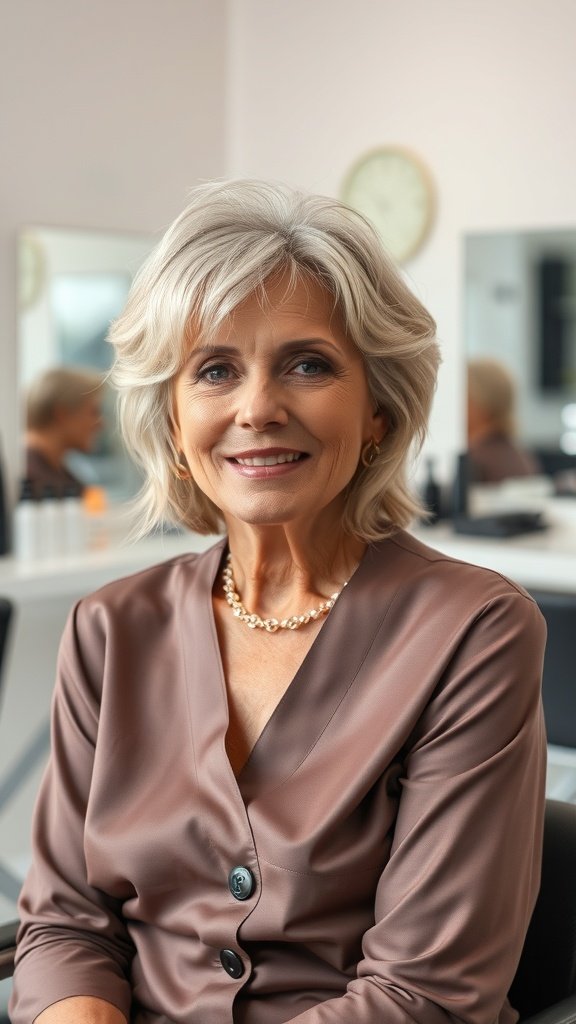 A woman with a messy lob hairstyle and wispy bangs, smiling in a salon setting.