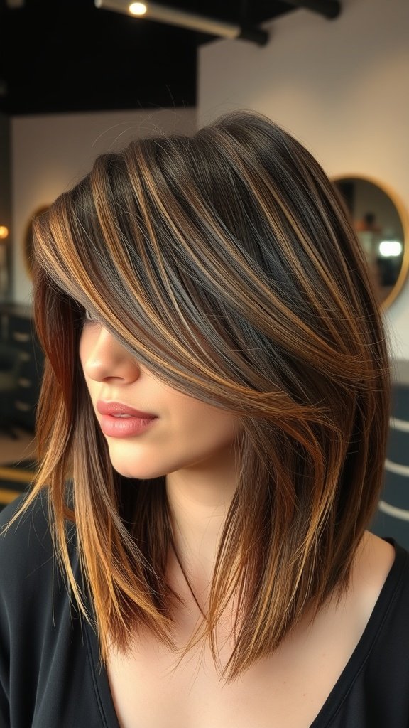A woman with a mid-length haircut featuring edgy outward flips and highlights.