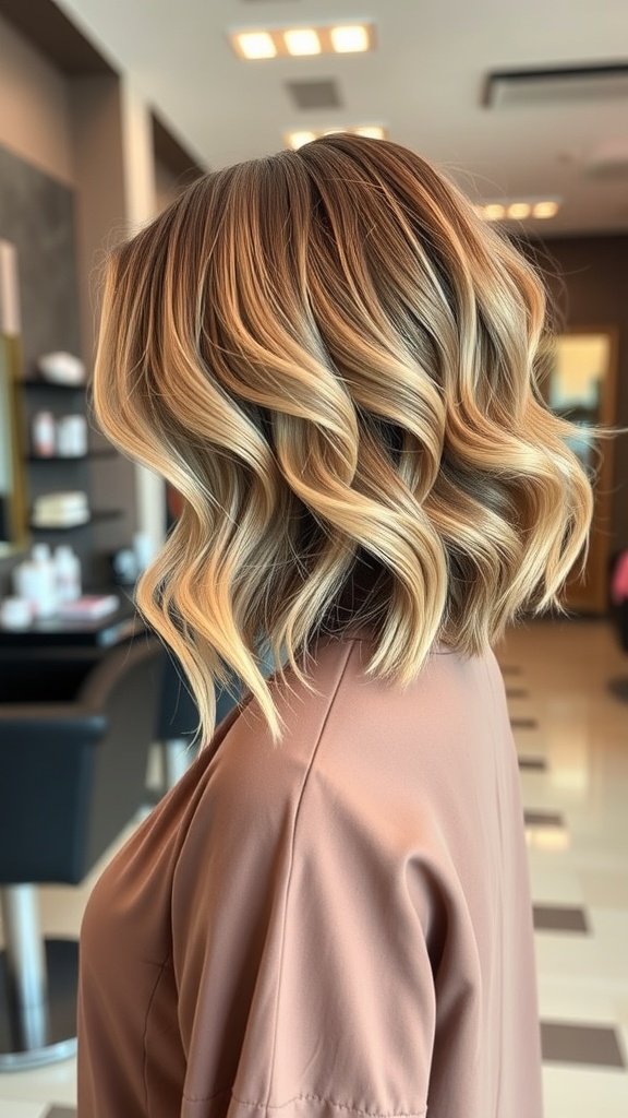 Mid-length hush cut hairstyle with soft waves and rose gold accents