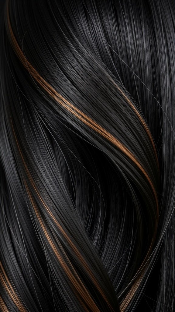 Close-up of deep black hair with mocha highlights