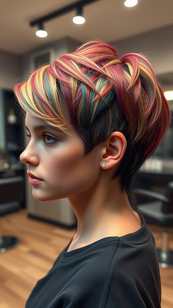 A woman with a multi-textured pixie hairstyle featuring a side undercut and vibrant colors.